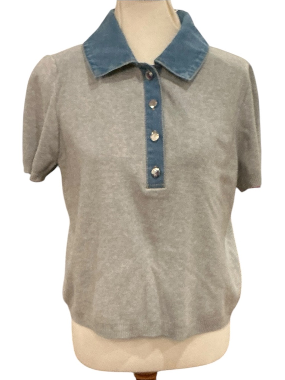 Marled Gray Short-Sleeve Polo Top with Blue Denim Trim